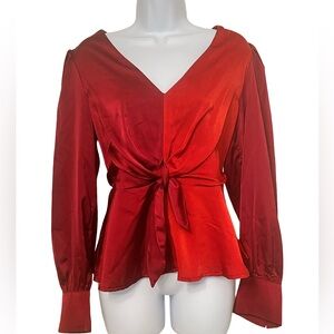 She + Sky Red Satin V-Neck Tie-Front Blouse